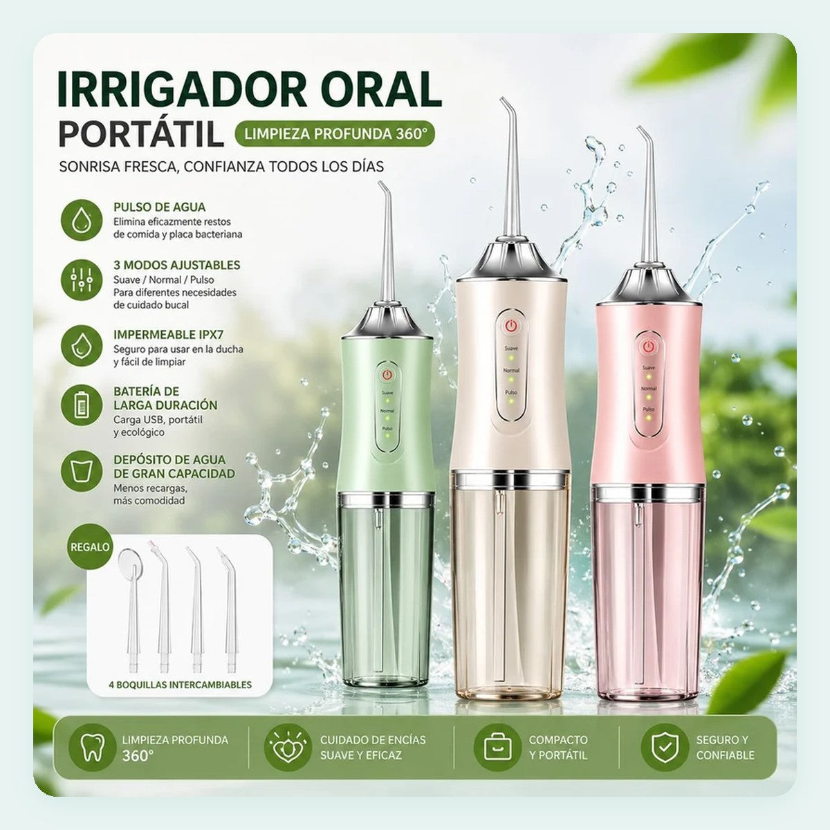 Irrigador bucal portátil de 3 modos
